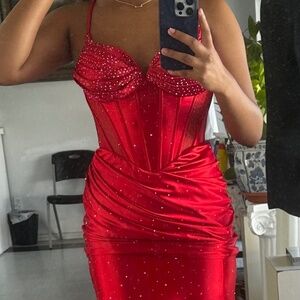 Red Corset Back Rhinestone Prom Dress